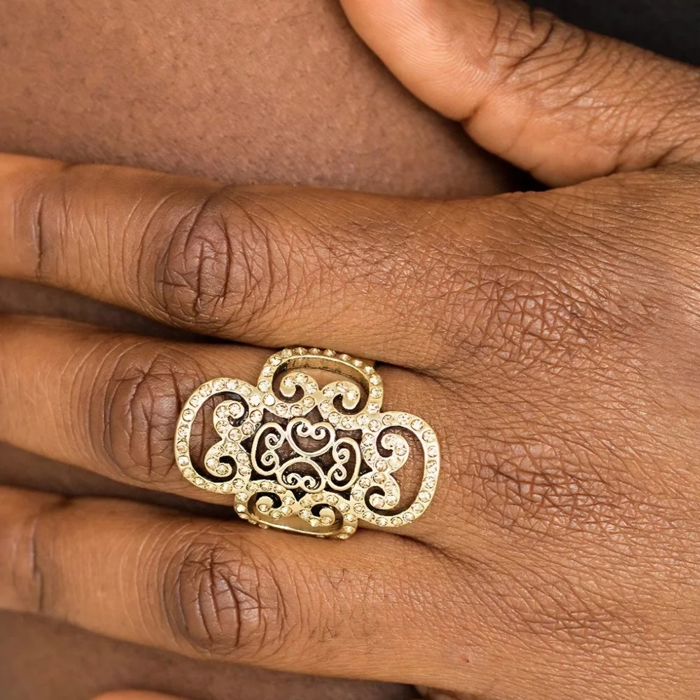 Regal Regalia Copper Tone Stretch Cocktail Ring With Gold Rhinestone Crystals